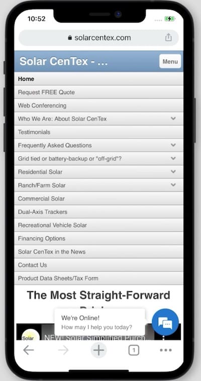 solar centex mobile menu old