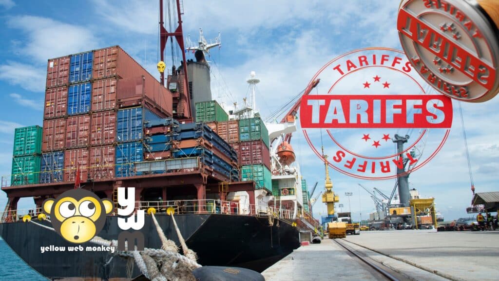 Cargo ship hauling items with tariffs. A tariff stamp.