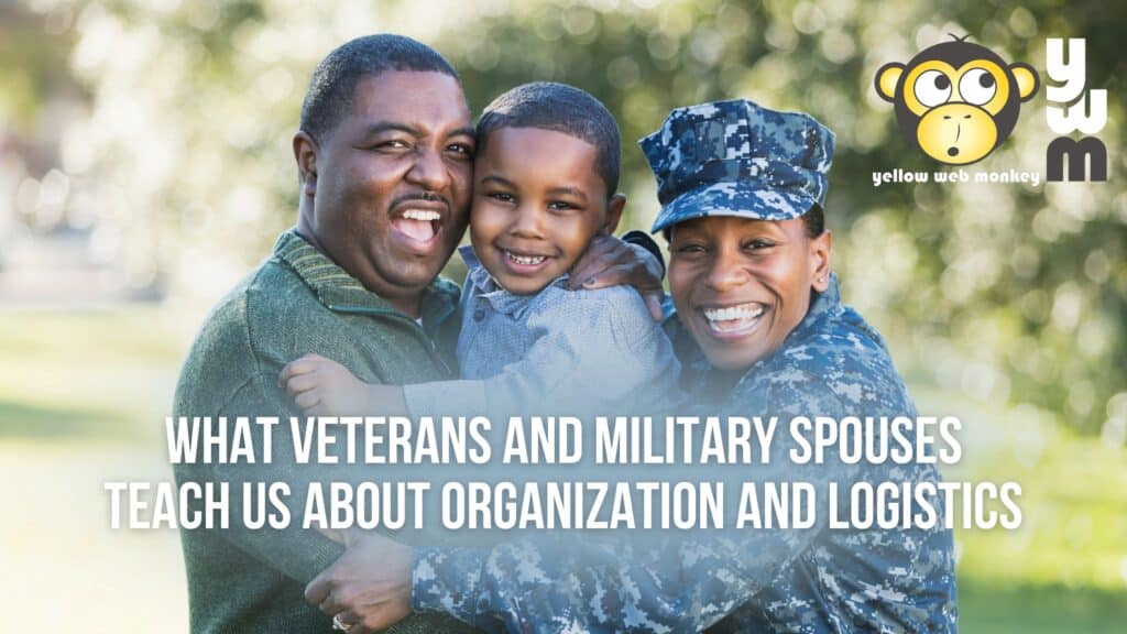 Family of three, hugging and smiling. Father is in a green shirt, son is in blue shirt, and Navy Veteran and Military Spouse are in camouflage uniform.
