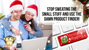 A couple using a product finder to purchase holiday gifts in Santa hats.