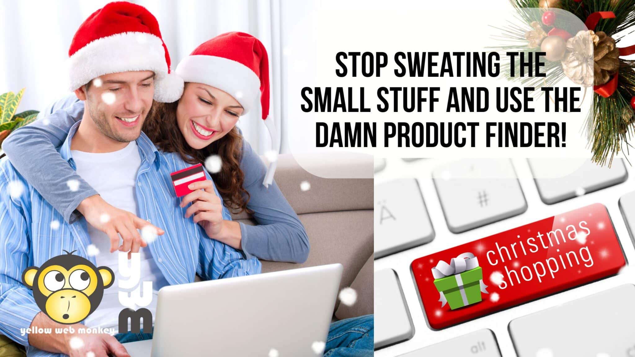 A couple using a product finder to purchase holiday gifts in Santa hats.