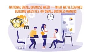 small business week meeting of 3 people with a chart and table and clock.