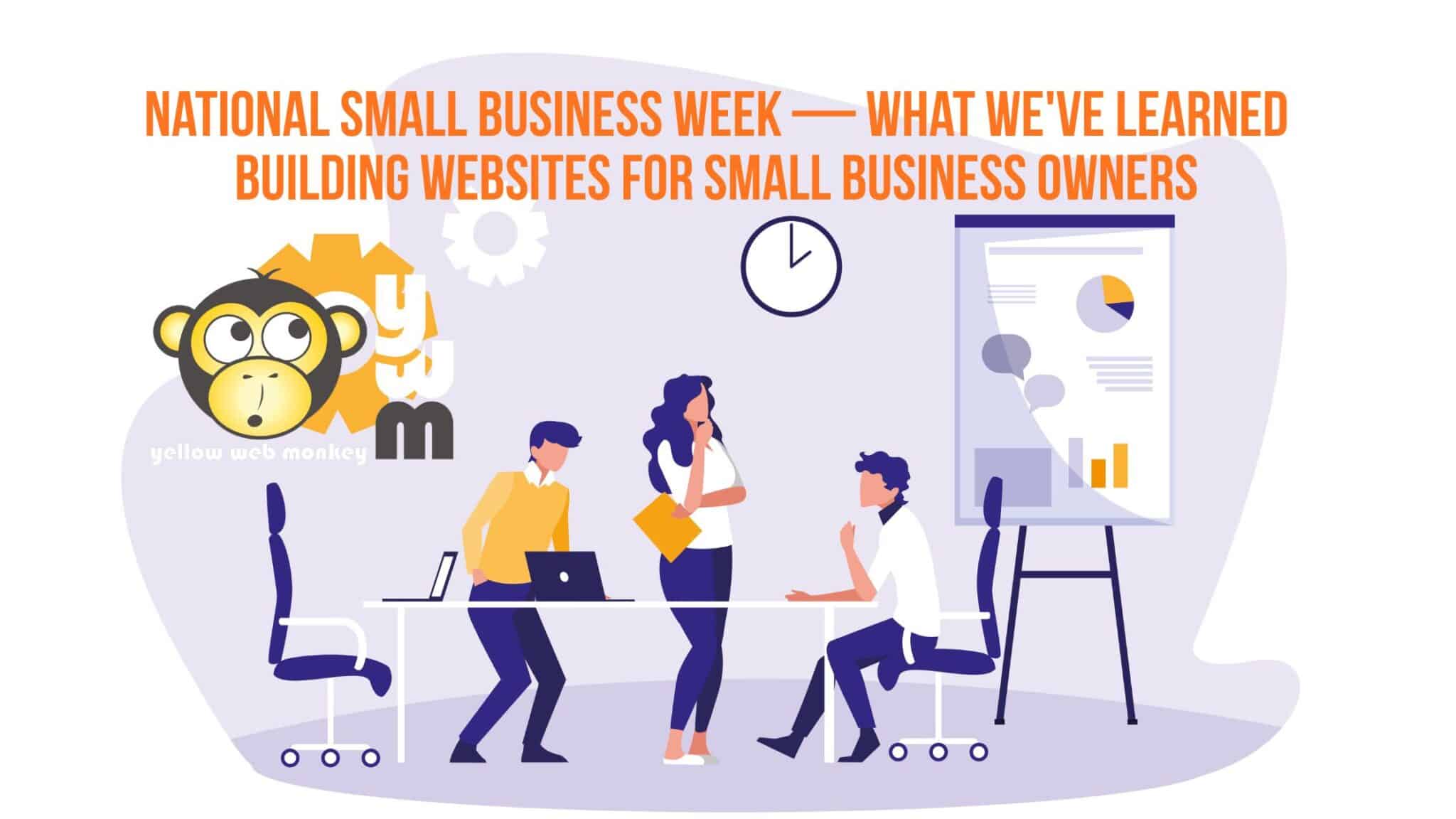 small business week meeting of 3 people with a chart and table and clock.