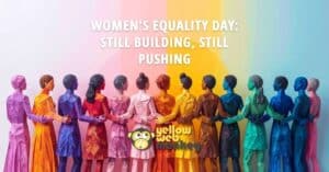 a rainbow colored group of papercraft women with their arms around each other